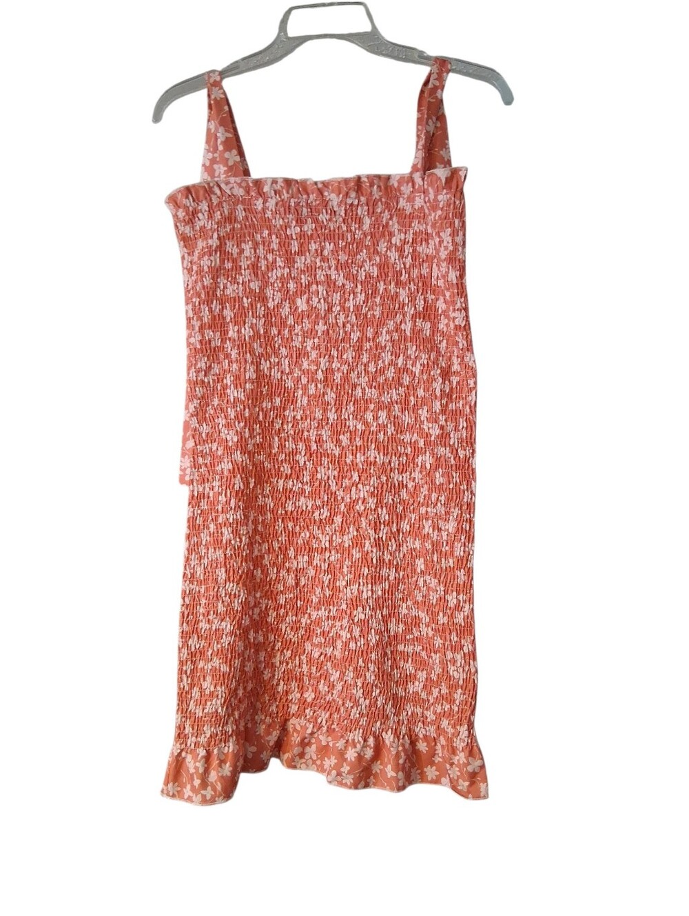 Coral/orange Ditsy Floral Smocked Mini Dress With Tie Straps S